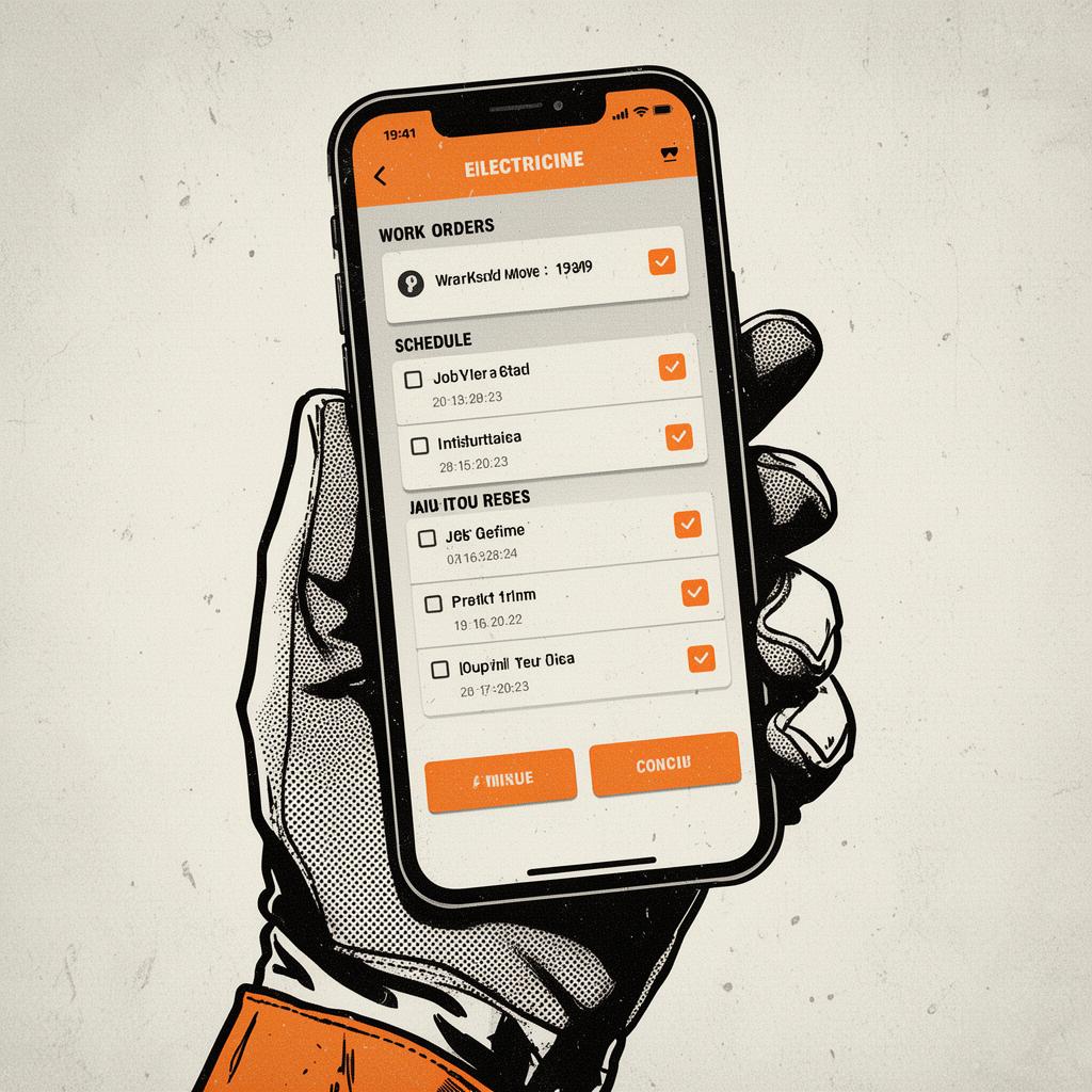 Brutalist illustration of an electrician's gloved hand holding a phone with a job-management app